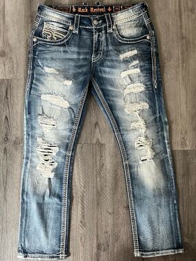 Rock Revival Men’s Distressed Dark Blue Slim Straight Jeans 34x32